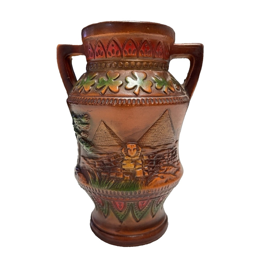 Vintage Norleans Rust Egyptian‎ Design Double Handle Vase Japan Ceramic 7" Tall